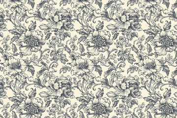 Poster - Floral Toile Tapestry Pattern. Vintage botanical wallpaper pattern. Background image. Created with Generative AI technology