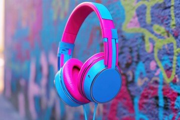 Poster - A pair of colorful headphones hanging on a wall, ideal for music studios or home offices