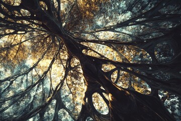 Wall Mural - A tall tree stands in a forest, gazing up at the sky with its branches and leaves reaching towards the clouds