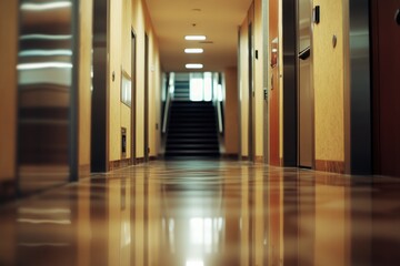 Poster - A long hallway with stairs leading up to a set of doors, great for interior design or architecture projects