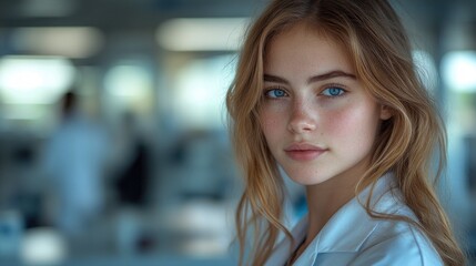 Poster - A woman posing for a photo with striking blue eyes