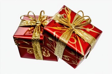 Fototapete - Two decorative gift boxes wrapped in red paper and adorned with gold ribbons and bows