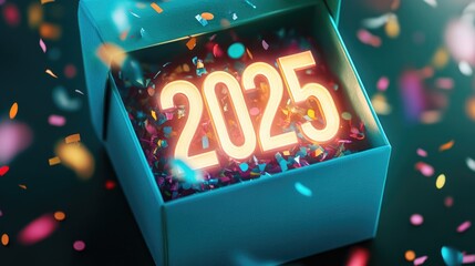Poster - A blue box filled with confetti and a sign reading '2015' for celebration or party decoration