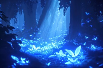 Wall Mural - Enchanted Forest Glowing Blue Butterflies And Plants