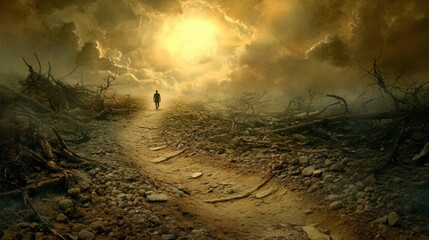 Wall Mural - a person walk into the misty foggy road in a dramatic mystic scene with warm colors