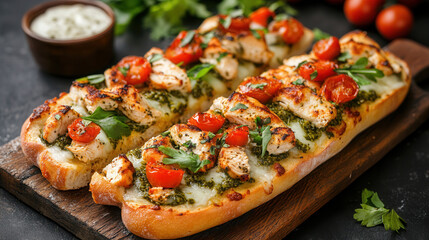 Wall Mural - A delicious French bread pesto chicken pizza topped with fresh tomatoes and herbs, perfect for a flavorful meal