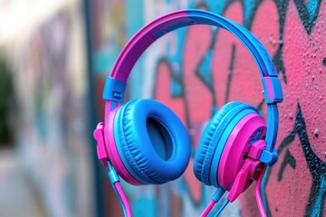 Poster - A pair of colorful headphones hung on the wall, perfect for music lovers or tech enthusiasts