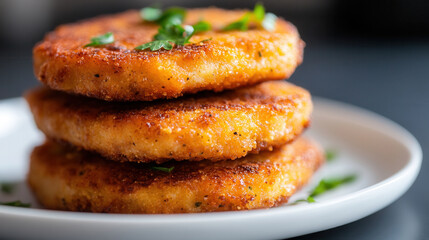 Wall Mural - Deliciously golden fried pumpkin cutlets served on a white plate garnished with fresh herbs in a cozy kitchen setting. pumpkin dish, autumn menu