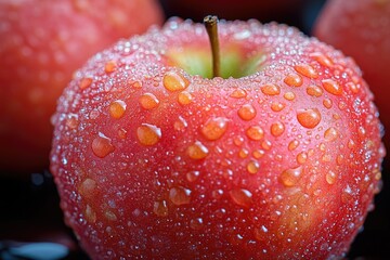 Poster - Close-up of a juicy red apple with water droplets glistening on its surface, perfect for food and nature-themed images