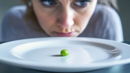 Aufkleber - A close-up shot of a woman studying a single green pea on a plate, possibly considering its nutritional value or admiring its color