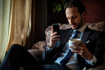 Poster - A person relaxing at home, looking at their phone while enjoying a cup of coffee