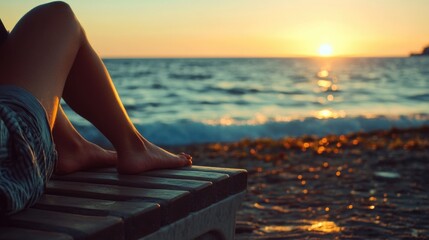 Poster - A person relaxing on a beach bench with an ocean view