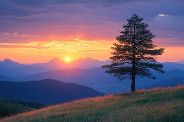 Poster - A single tree stands tall on a lush green hill, with majestic mountains rising up in the background