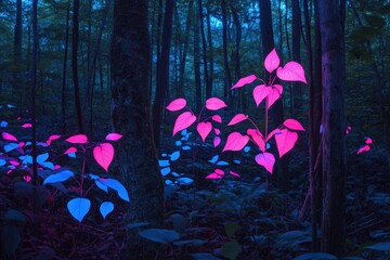 Wall Mural - Glowing Pink and Blue Plants in a Dark Forest