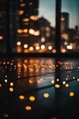 Aufkleber - A nighttime view of a city skyline from a window, suitable for use in urban-themed projects and designs