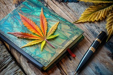 Poster - A notebook with a leaf sitting on top, great for educational or creative purposes