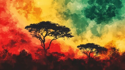 Sticker - African Savanna Sunset Silhouette Trees Landscape