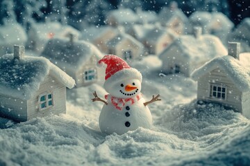 Wall Mural - A snowman stands in the center of a snowy town, surrounded by buildings and trees