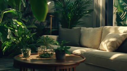 Aufkleber - Cozy living room filled with various green plants