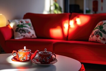 Poster - A red couch and table combination in a cozy living room setting