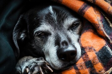 Aufkleber - A black and white dog curled up under a cozy blanket, perfect for a warm and intimate setting