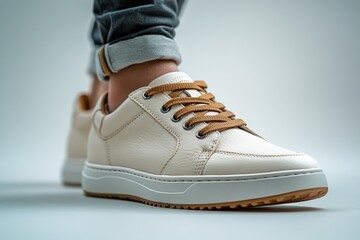 Aufkleber - A close-up view of a person's shoes sitting on a white surface, ideal for showcasing footwear designs or as a prop in photography