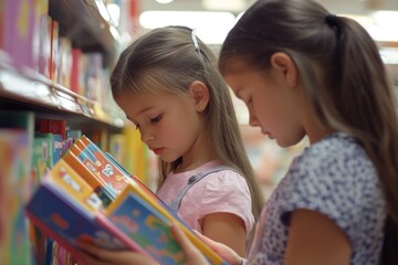 Aufkleber - Two young girls sitting at a table, surrounded by books and reading together