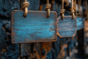 Poster - A group of wooden signs hanging from a rope in a rustic setting