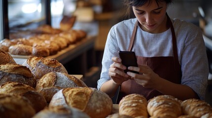 Wall Mural - A woman looks at her cell phone while standing in a bakery, possibly checking messages or browsing