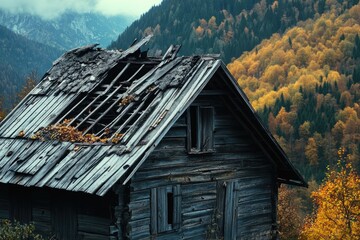 Poster - Rustic cabin surrounded by trees, with a mountain visible in the distance