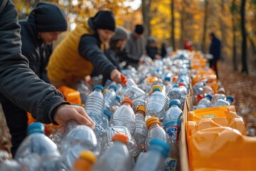 Poster - People gathered near a table filled with water bottles, ideal for corporate events or team-building activities