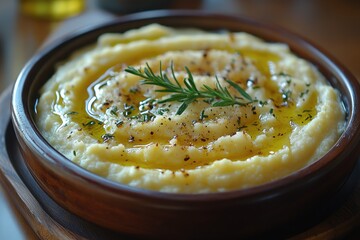 Poster - Freshly made mashed potatoes topped with a sprig of rosemary, perfect for a cozy dinner or as a side dish
