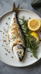 Wall Mural - Fresh dorado fish on a white plate garnished with rosemary and lemon, beautifully styled from above