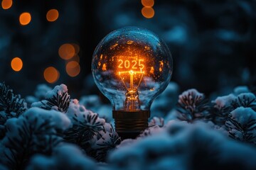 Poster - A single light bulb sits on top of snow-covered ground, providing a warm glow in the cold winter scene