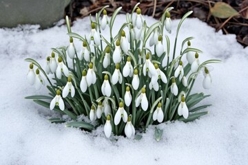 Wall Mural - A bunch of snowdrops growing in fresh snow