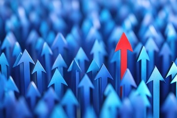 Poster - A bright red arrow stands out among a cluster of blue arrows, ideal for use as an icon or indicator