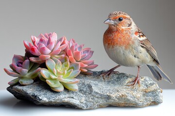 Poster - A tiny bird sits peacefully on a rocky outcropping surrounded by low-growing succulent plants