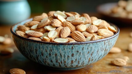 Poster - A blue bowl filled with almonds sitting on a wooden table