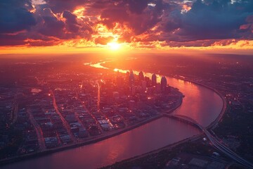 Poster - A serene cityscape at sunset with a river flowing through, suitable for travel or lifestyle imagery