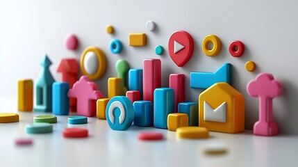 Poster - Colorful 3D icons representing data, communication, and growth.