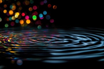 Poster - A close-up view of a calm water surface with colorful lights reflected in the background