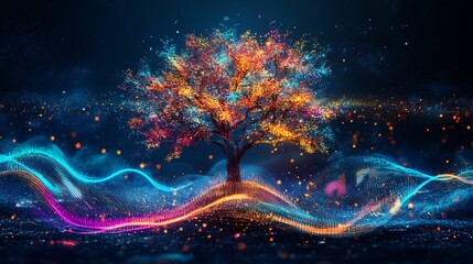 Fototapete - Abstract tree of light with flowing neon energy streams on a dark blue background