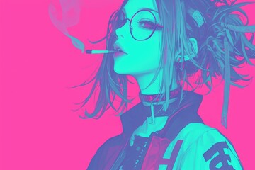 Wall Mural - Anime Girl Smoking Cigarette Neon Style Art