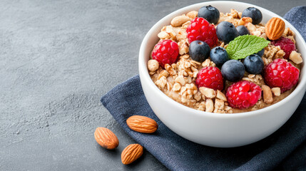 Wall Mural - healthy breakfast bowl with oats, berries, and nuts for energy