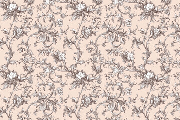 Poster - Floral Toile Tapestry Pattern. Vintage botanical wallpaper pattern. Background image. Created with Generative AI technology