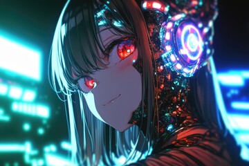 Wall Mural - Cyberpunk Anime Girl with Glowing Headset