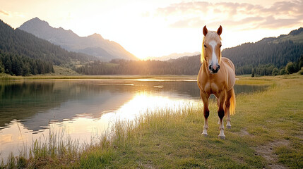 Sticker - horse standing beside tranquil lake at dawn, surrounded by mountains