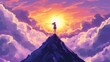 © aiora.std - A silhouette of a person standing triumphantly on a mountain peak during a vibrant sunset, surrounded by colorful clouds, symbolizing achievement and inspiration