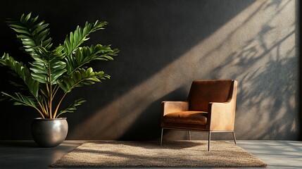 Poster - Sunlit brown leather armchair and potted plant in a dark room.