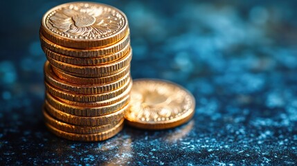 Stacked golden coins on a textured blue background, highlighting wealth and investment concepts